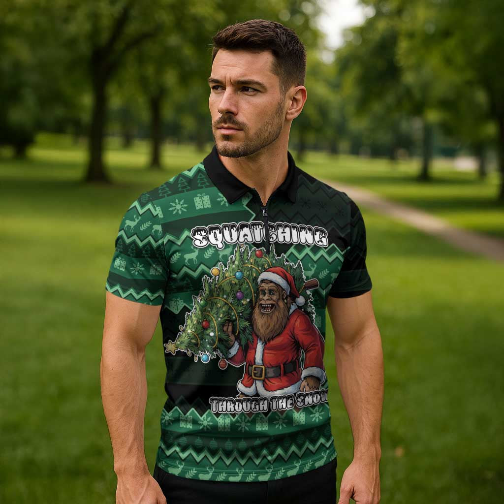 Bigfoot Christmas Zipper Polo Shirt Squatching Through The Snow - Wonder Print Shop