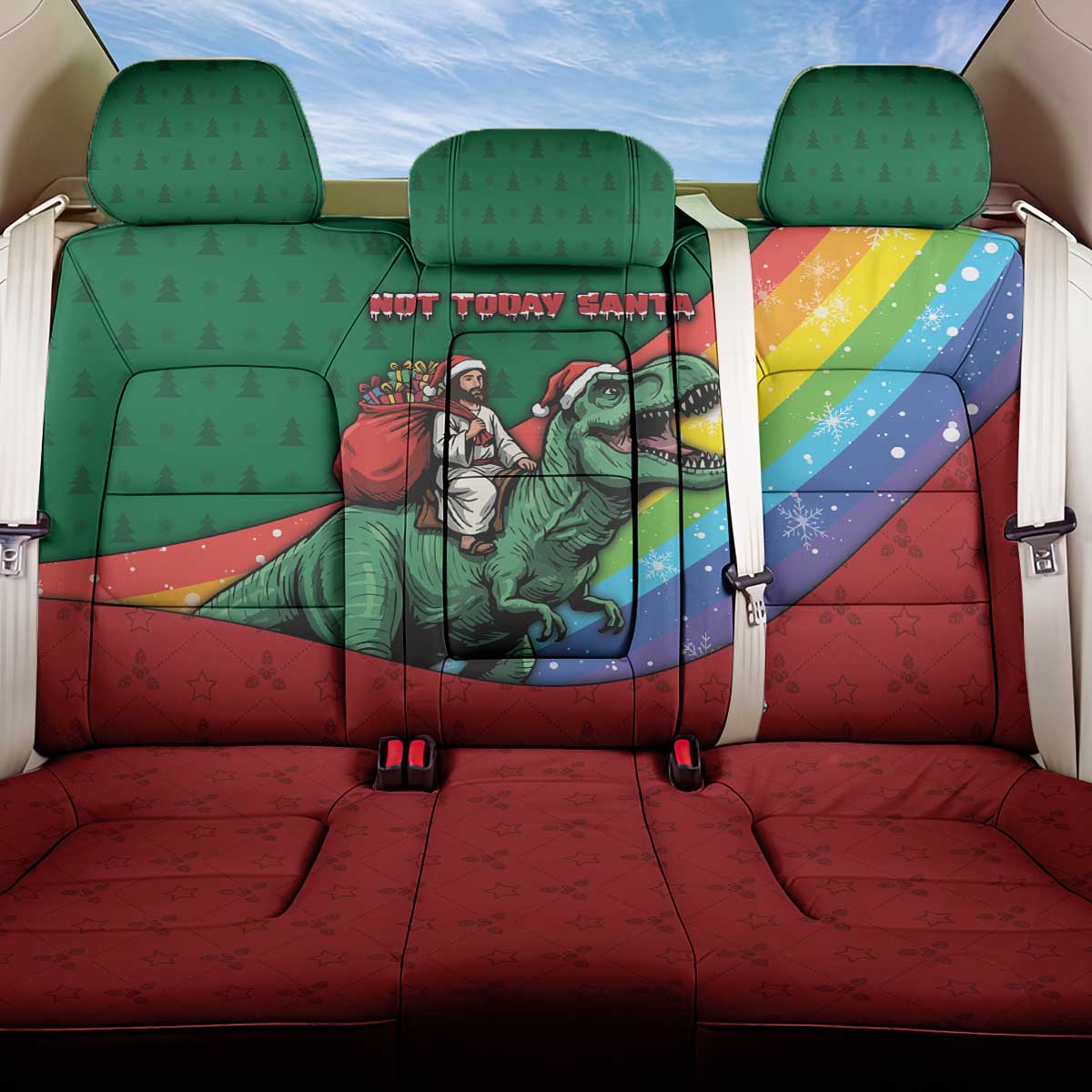 T Rex And Jesus Christmas Back Car Seat Cover Not Today Santa - Wonder Print Shop