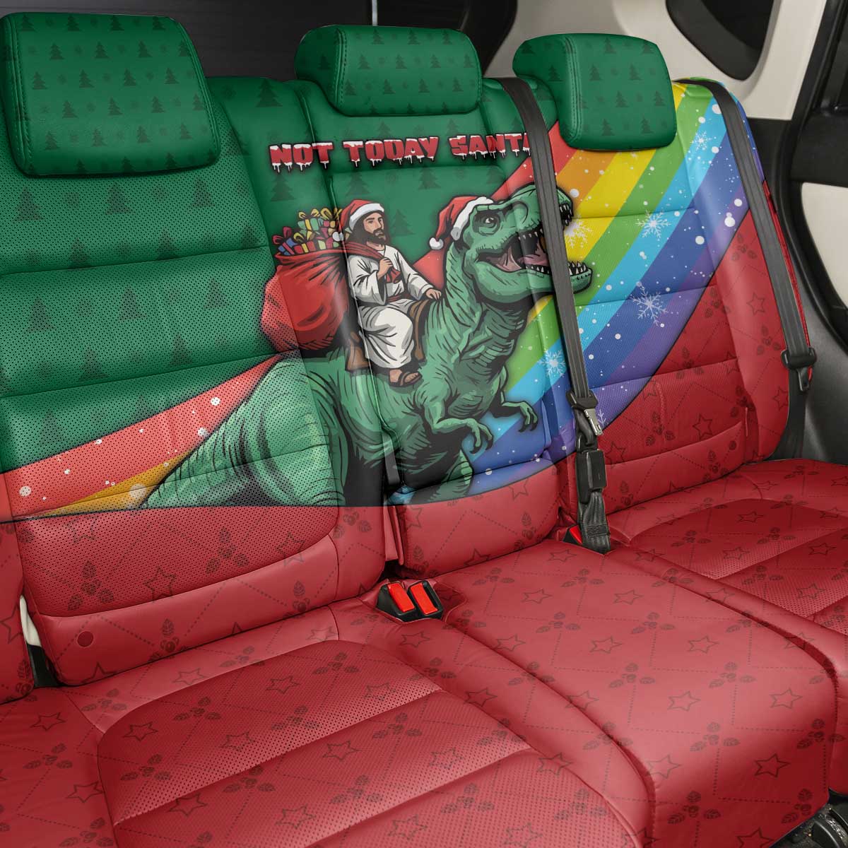 T Rex And Jesus Christmas Back Car Seat Cover Not Today Santa - Wonder Print Shop