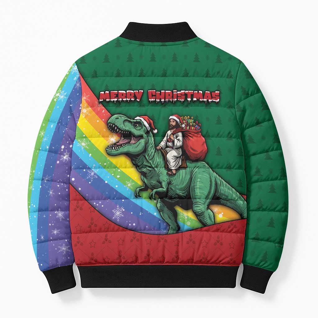 T Rex And Jesus Christmas Bomber Puffer Jacket Not Today Santa - Wonder Print Shop