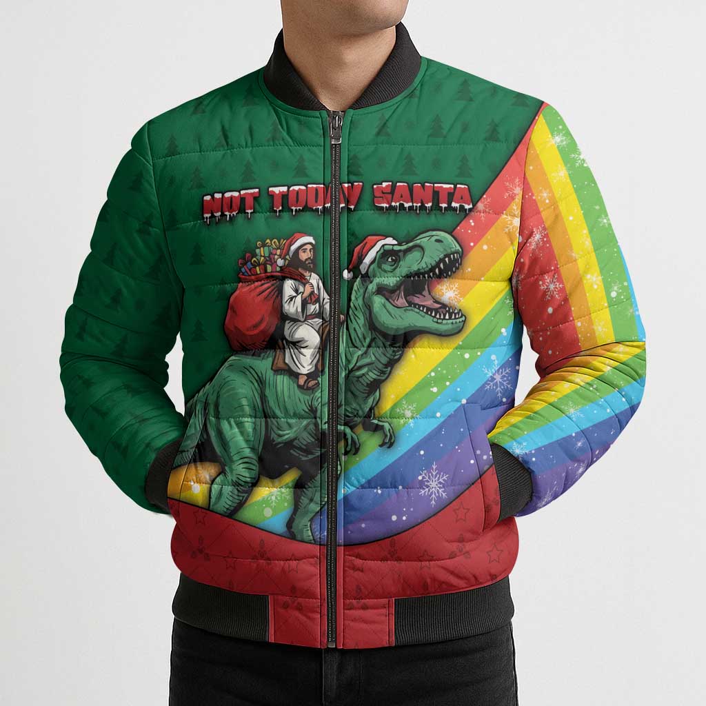 T Rex And Jesus Christmas Bomber Puffer Jacket Not Today Santa - Wonder Print Shop
