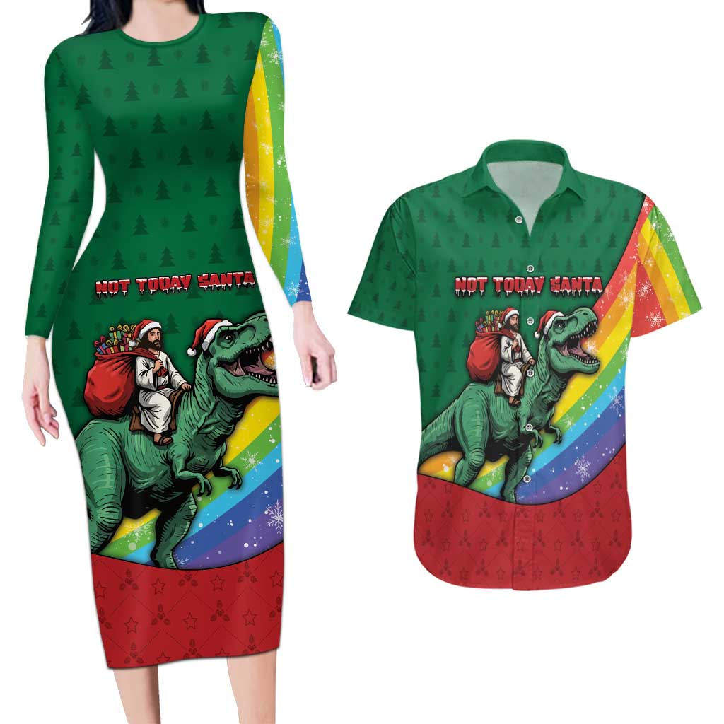 T Rex And Jesus Christmas Couples Matching Long Sleeve Bodycon Dress and Hawaiian Shirt Not Today Santa - Wonder Print Shop