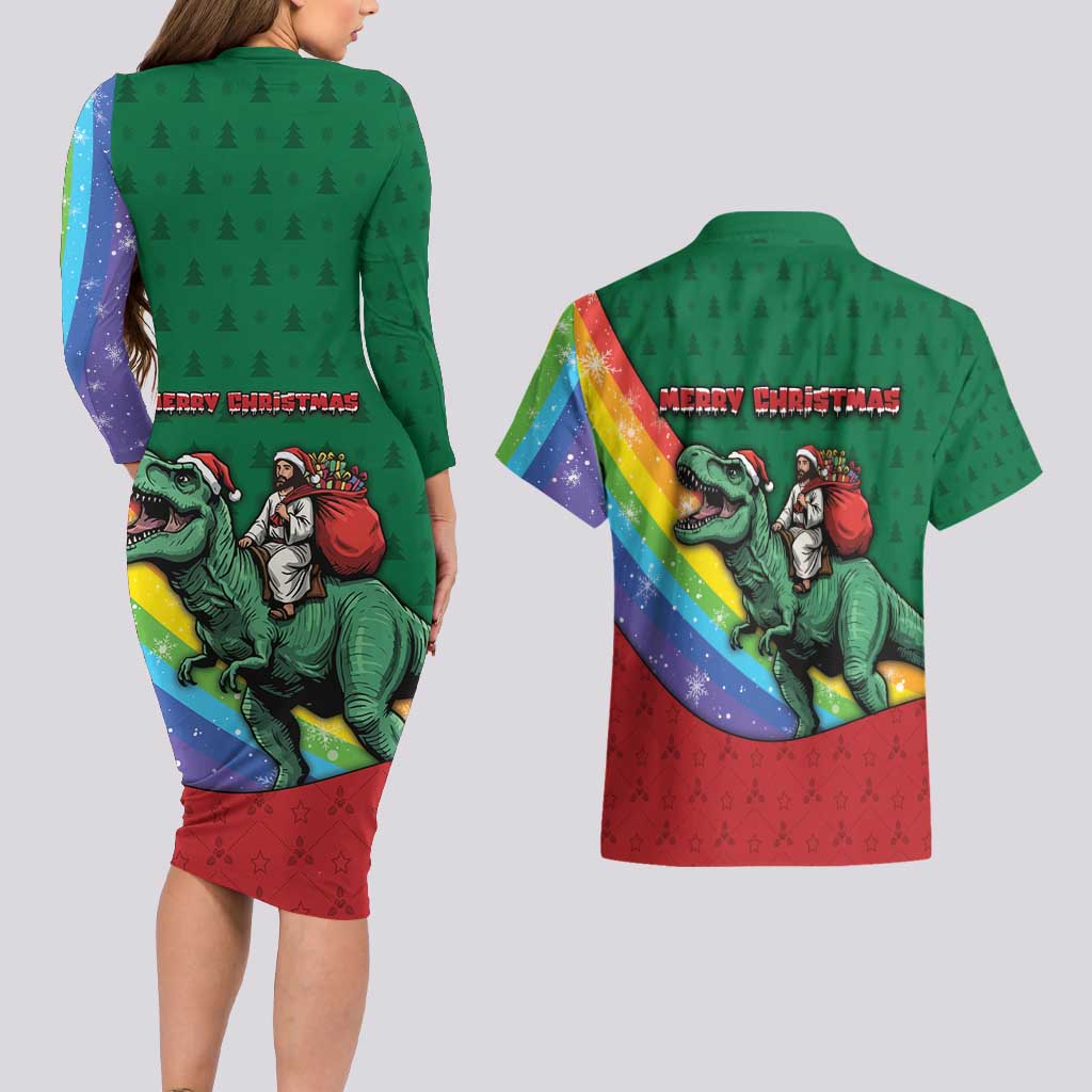 T Rex And Jesus Christmas Couples Matching Long Sleeve Bodycon Dress and Hawaiian Shirt Not Today Santa - Wonder Print Shop