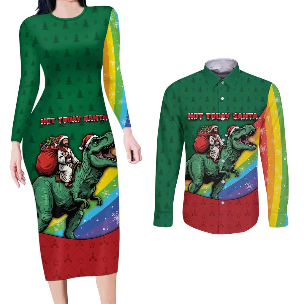 T Rex And Jesus Christmas Couples Matching Long Sleeve Bodycon Dress and Long Sleeve Button Shirt Not Today Santa - Wonder Print Shop
