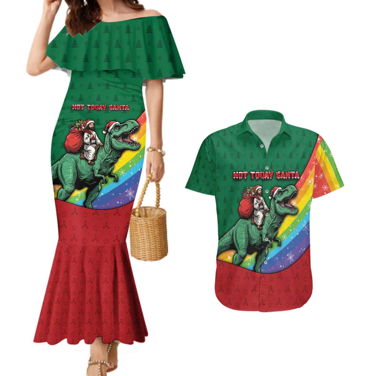 T Rex And Jesus Christmas Couples Matching Mermaid Dress and Hawaiian Shirt Not Today Santa - Wonder Print Shop