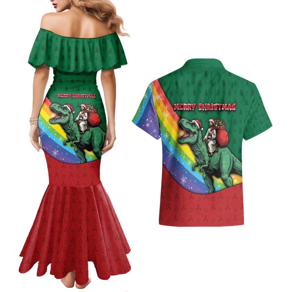 T Rex And Jesus Christmas Couples Matching Mermaid Dress and Hawaiian Shirt Not Today Santa - Wonder Print Shop