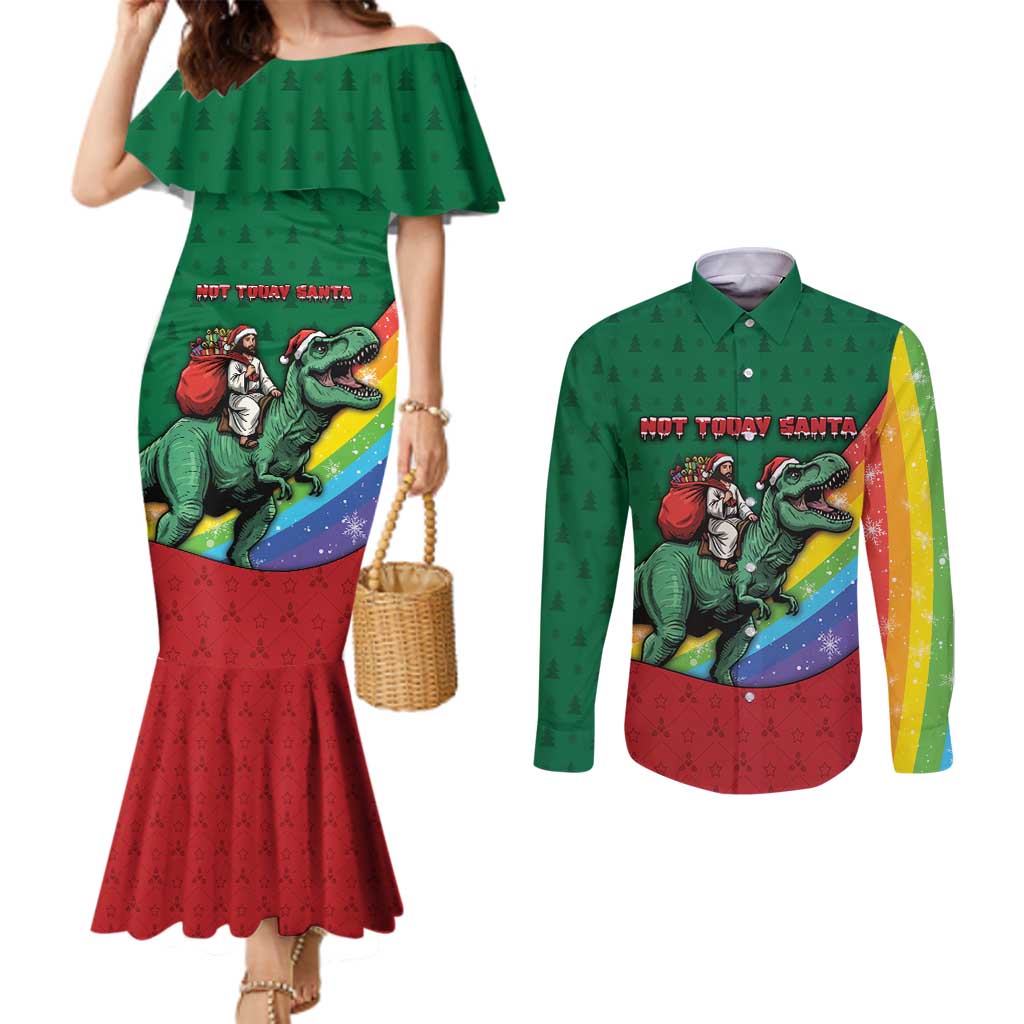 T Rex And Jesus Christmas Couples Matching Mermaid Dress and Long Sleeve Button Shirt Not Today Santa - Wonder Print Shop