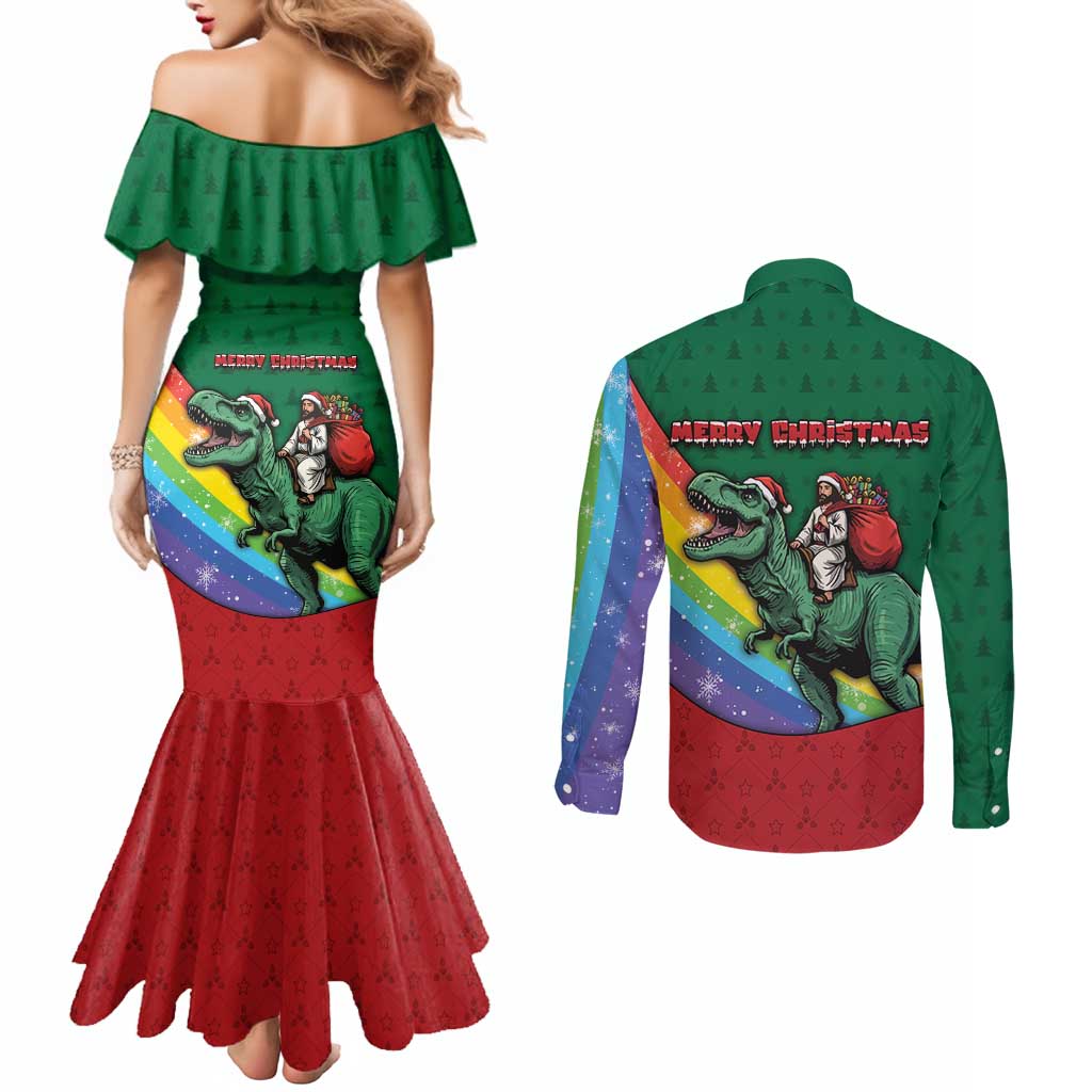 T Rex And Jesus Christmas Couples Matching Mermaid Dress and Long Sleeve Button Shirt Not Today Santa - Wonder Print Shop