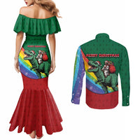 T Rex And Jesus Christmas Couples Matching Mermaid Dress and Long Sleeve Button Shirt Not Today Santa - Wonder Print Shop