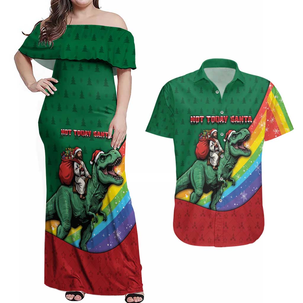 T Rex And Jesus Christmas Couples Matching Off Shoulder Maxi Dress and Hawaiian Shirt Not Today Santa - Wonder Print Shop