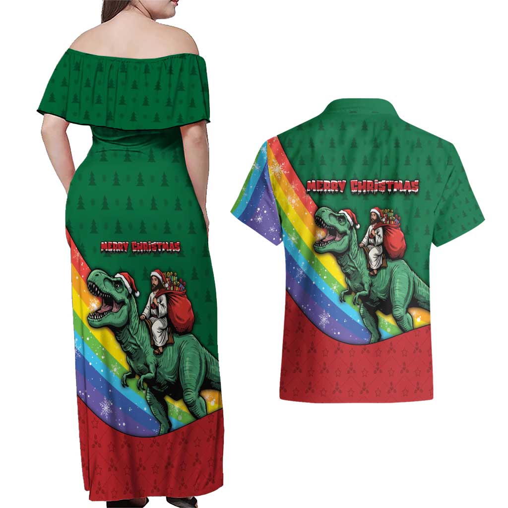 T Rex And Jesus Christmas Couples Matching Off Shoulder Maxi Dress and Hawaiian Shirt Not Today Santa - Wonder Print Shop