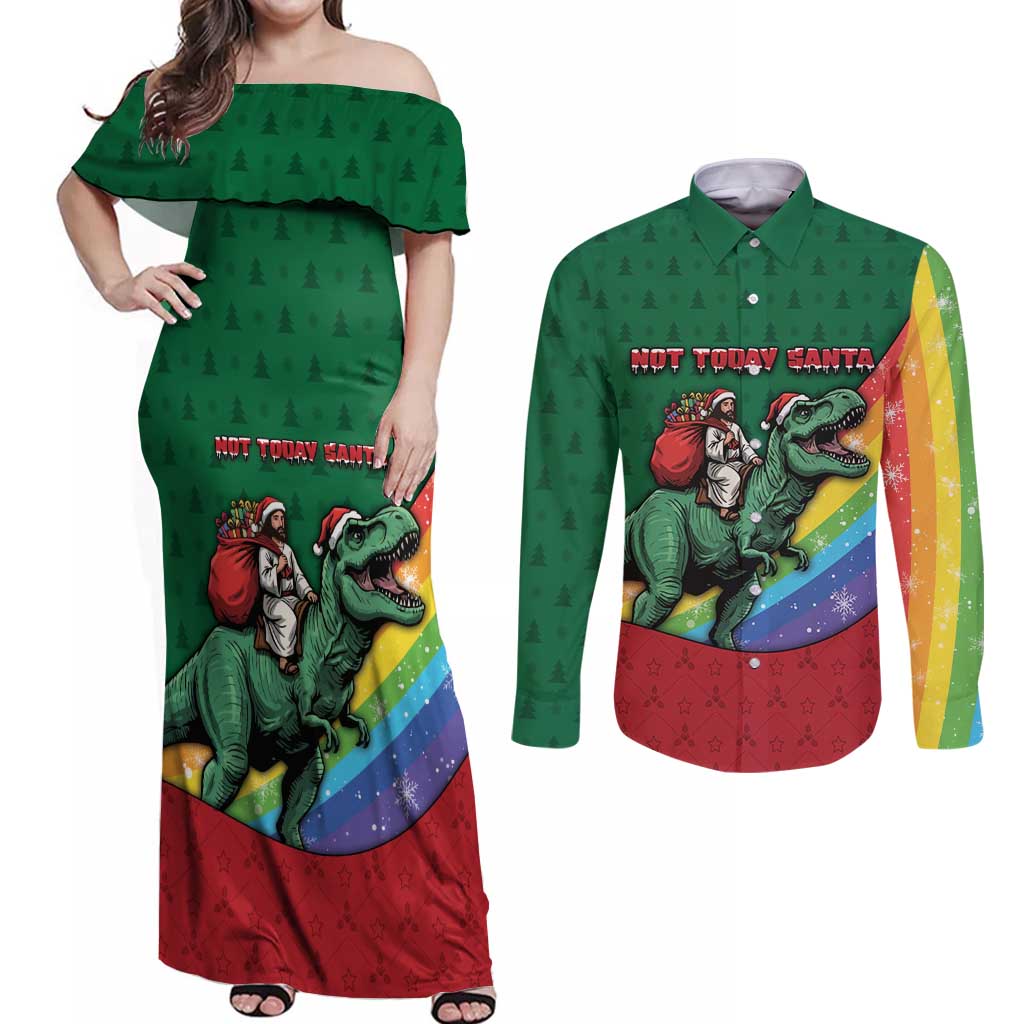 T Rex And Jesus Christmas Couples Matching Off Shoulder Maxi Dress and Long Sleeve Button Shirt Not Today Santa - Wonder Print Shop