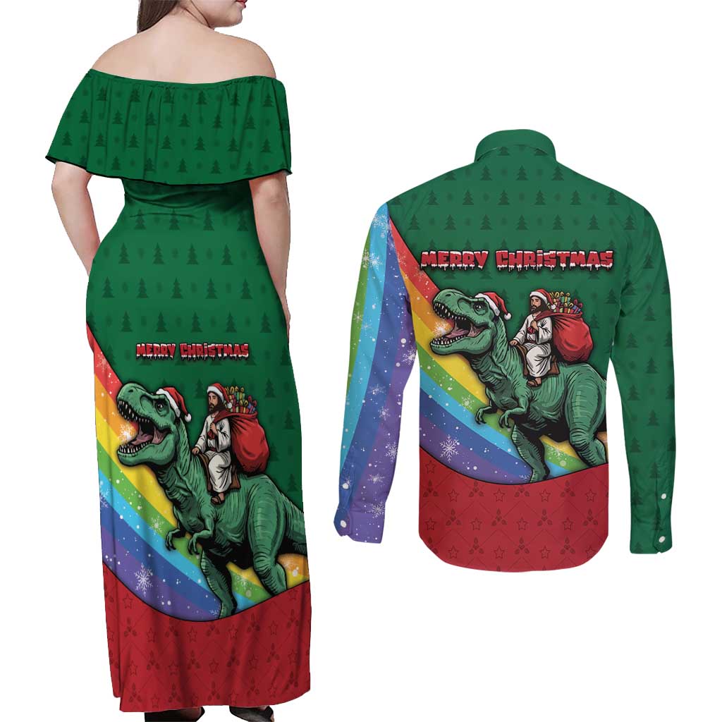 T Rex And Jesus Christmas Couples Matching Off Shoulder Maxi Dress and Long Sleeve Button Shirt Not Today Santa - Wonder Print Shop