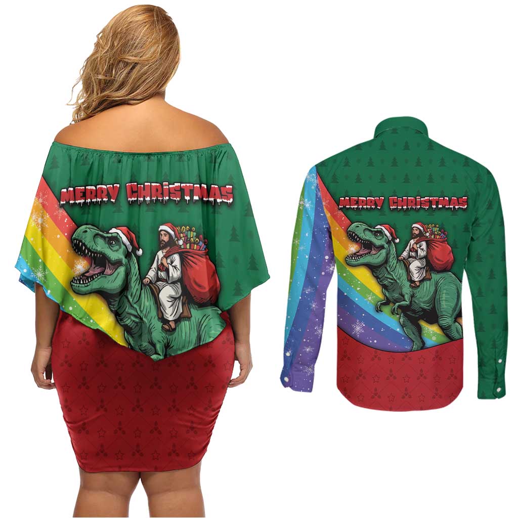 T Rex And Jesus Christmas Couples Matching Off Shoulder Short Dress and Long Sleeve Button Shirt Not Today Santa - Wonder Print Shop