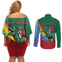T Rex And Jesus Christmas Couples Matching Off Shoulder Short Dress and Long Sleeve Button Shirt Not Today Santa - Wonder Print Shop