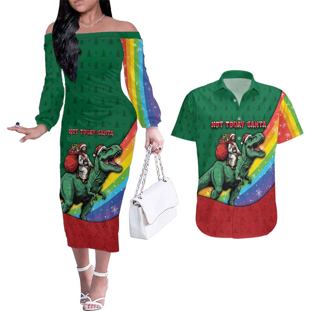 T Rex And Jesus Christmas Couples Matching Off The Shoulder Long Sleeve Dress and Hawaiian Shirt Not Today Santa - Wonder Print Shop