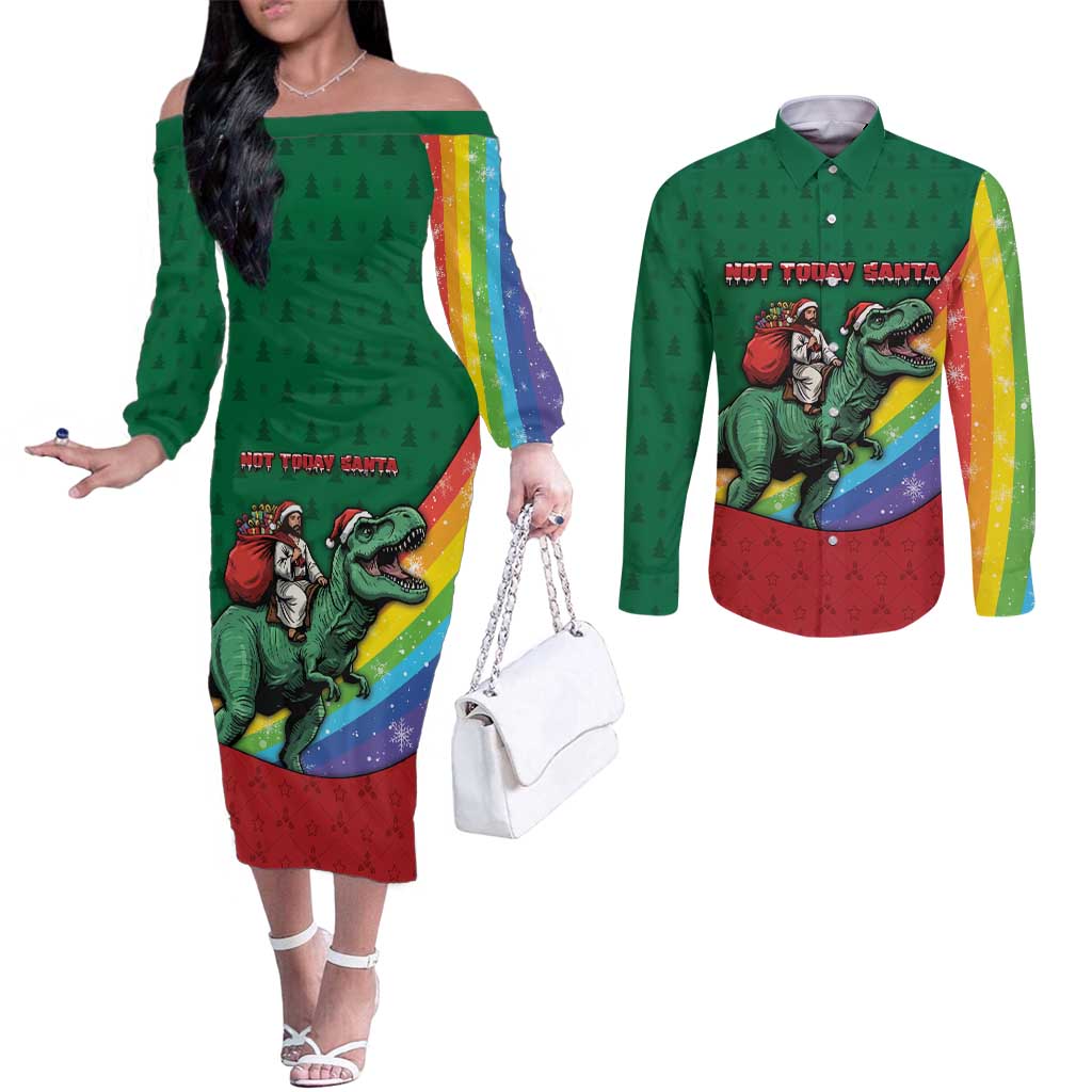 T Rex And Jesus Christmas Couples Matching Off The Shoulder Long Sleeve Dress and Long Sleeve Button Shirt Not Today Santa - Wonder Print Shop