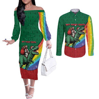 T Rex And Jesus Christmas Couples Matching Off The Shoulder Long Sleeve Dress and Long Sleeve Button Shirt Not Today Santa - Wonder Print Shop