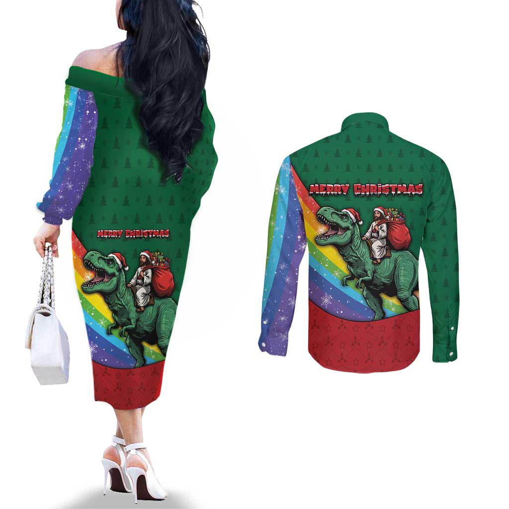 T Rex And Jesus Christmas Couples Matching Off The Shoulder Long Sleeve Dress and Long Sleeve Button Shirt Not Today Santa - Wonder Print Shop