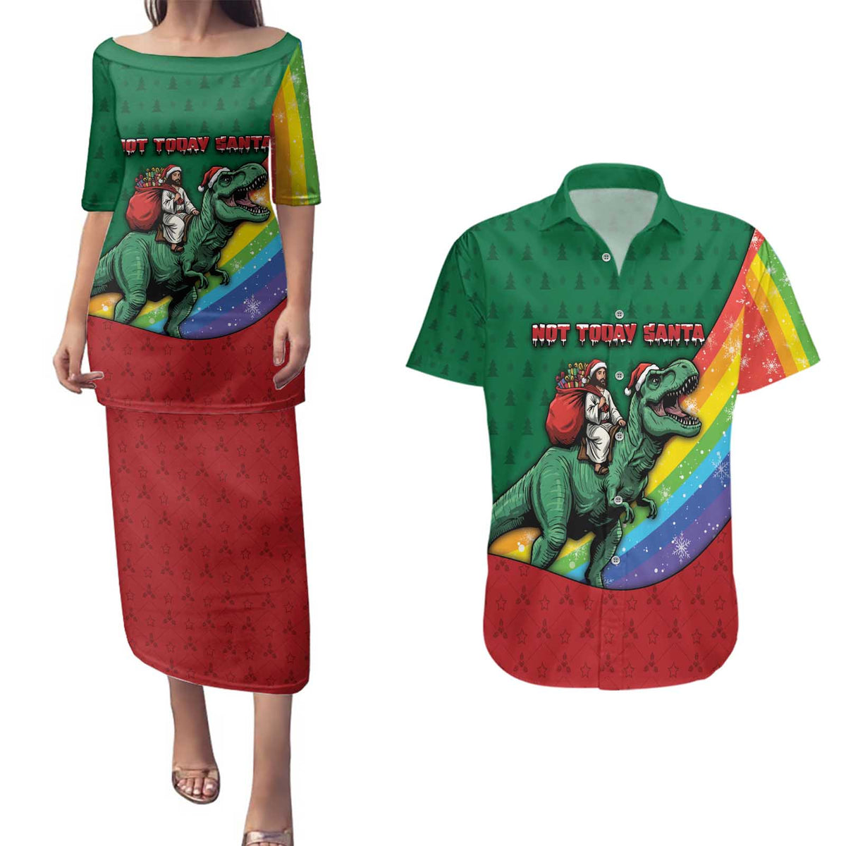 T Rex And Jesus Christmas Couples Matching Puletasi and Hawaiian Shirt Not Today Santa - Wonder Print Shop