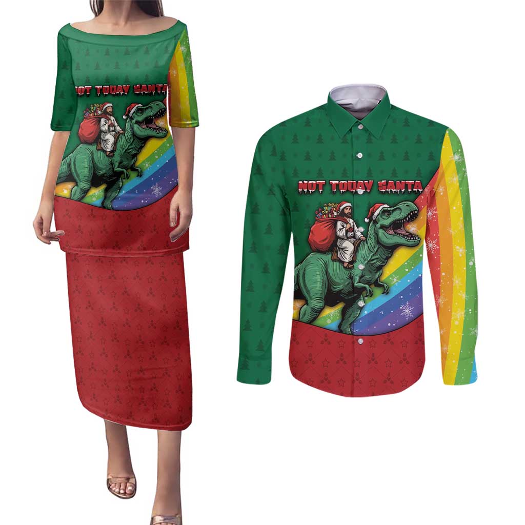 T Rex And Jesus Christmas Couples Matching Puletasi and Long Sleeve Button Shirt Not Today Santa - Wonder Print Shop
