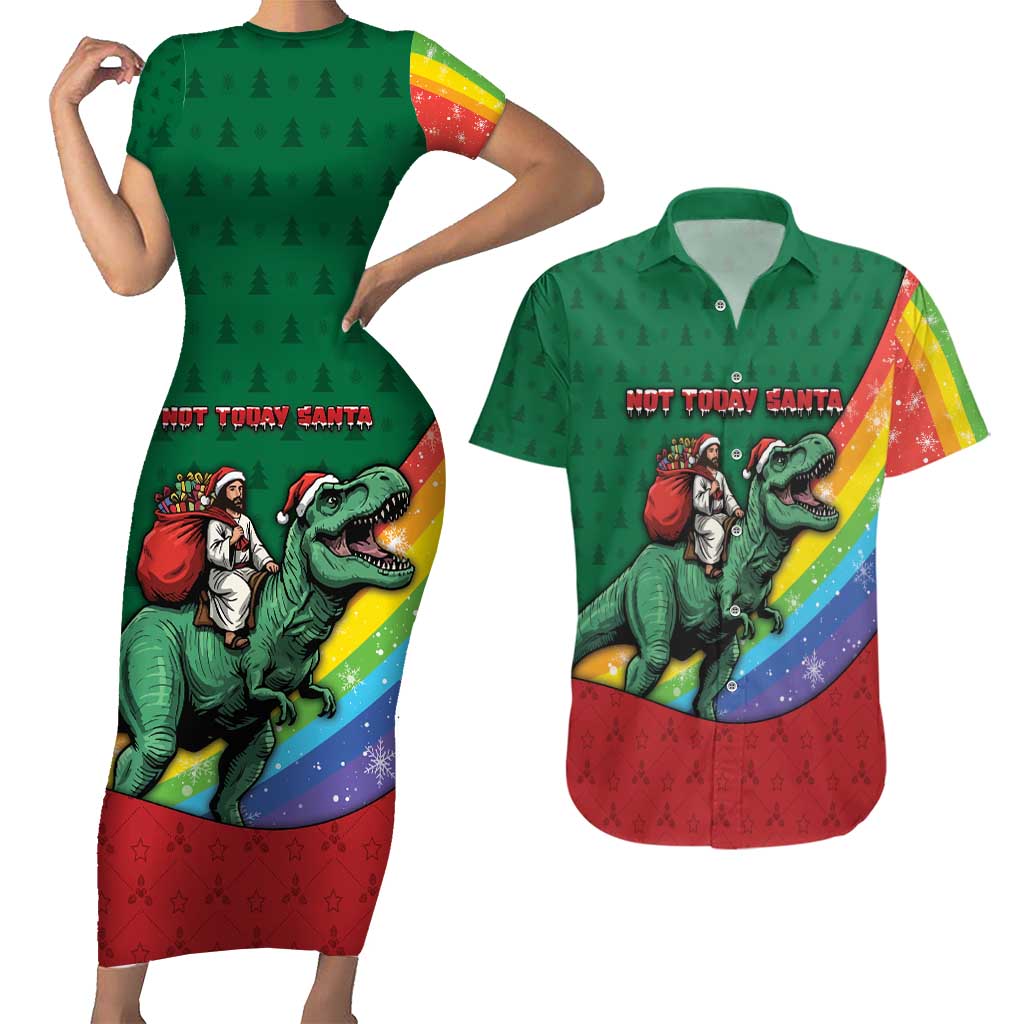 T Rex And Jesus Christmas Couples Matching Short Sleeve Bodycon Dress and Hawaiian Shirt Not Today Santa - Wonder Print Shop