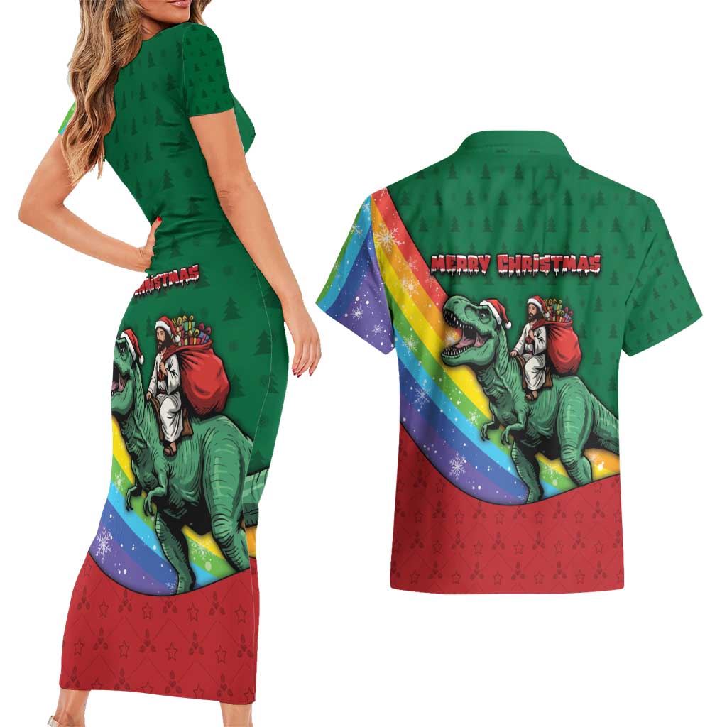 T Rex And Jesus Christmas Couples Matching Short Sleeve Bodycon Dress and Hawaiian Shirt Not Today Santa - Wonder Print Shop