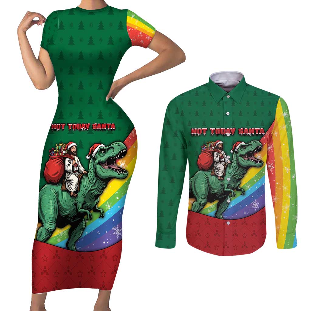 T Rex And Jesus Christmas Couples Matching Short Sleeve Bodycon Dress and Long Sleeve Button Shirt Not Today Santa - Wonder Print Shop