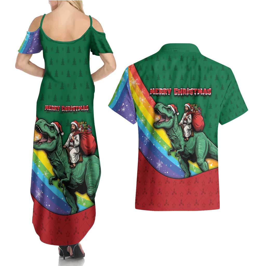 T Rex And Jesus Christmas Couples Matching Summer Maxi Dress and Hawaiian Shirt Not Today Santa - Wonder Print Shop
