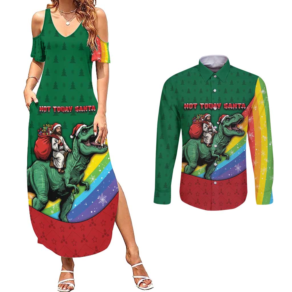 T Rex And Jesus Christmas Couples Matching Summer Maxi Dress and Long Sleeve Button Shirt Not Today Santa - Wonder Print Shop