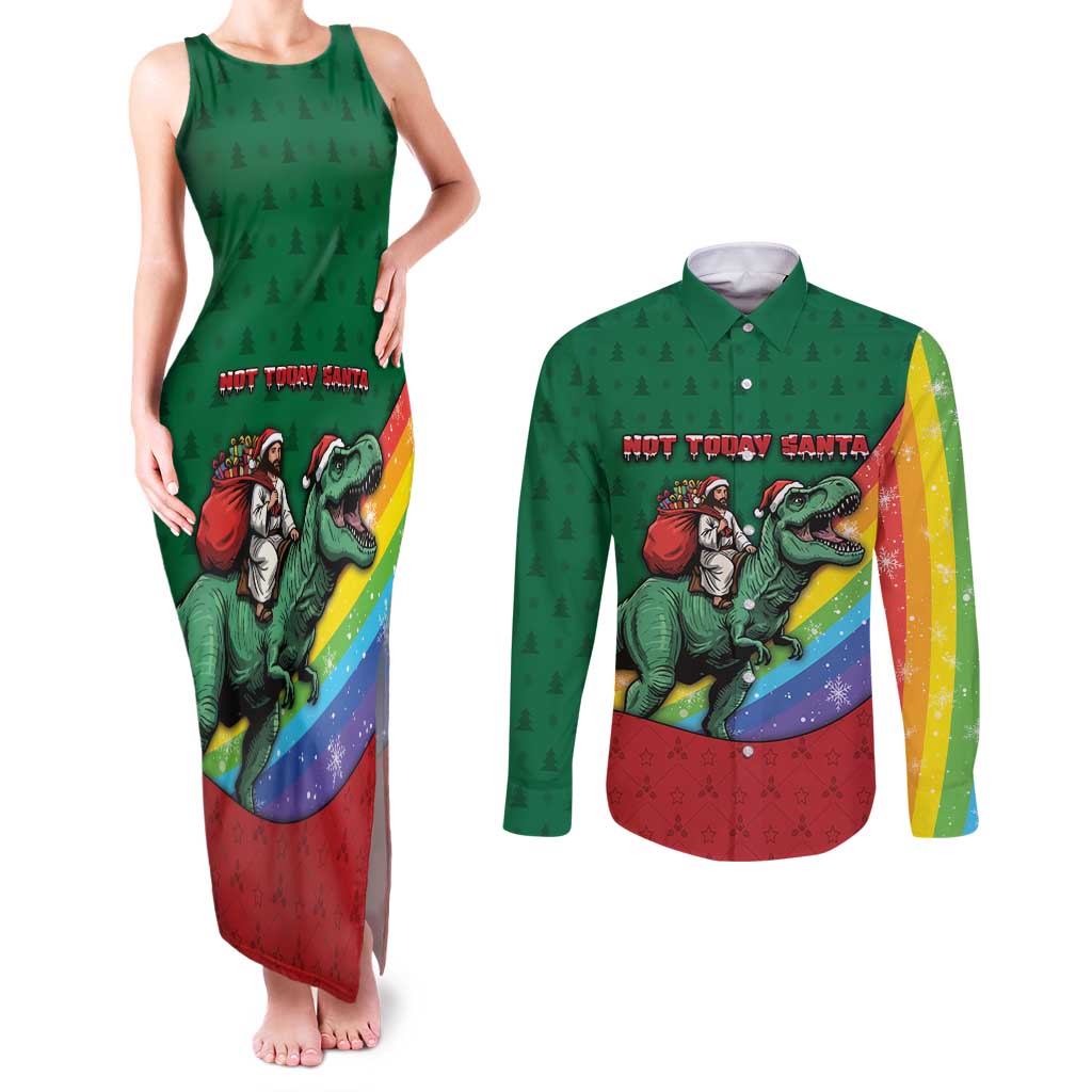 T Rex And Jesus Christmas Couples Matching Tank Maxi Dress and Long Sleeve Button Shirt Not Today Santa - Wonder Print Shop