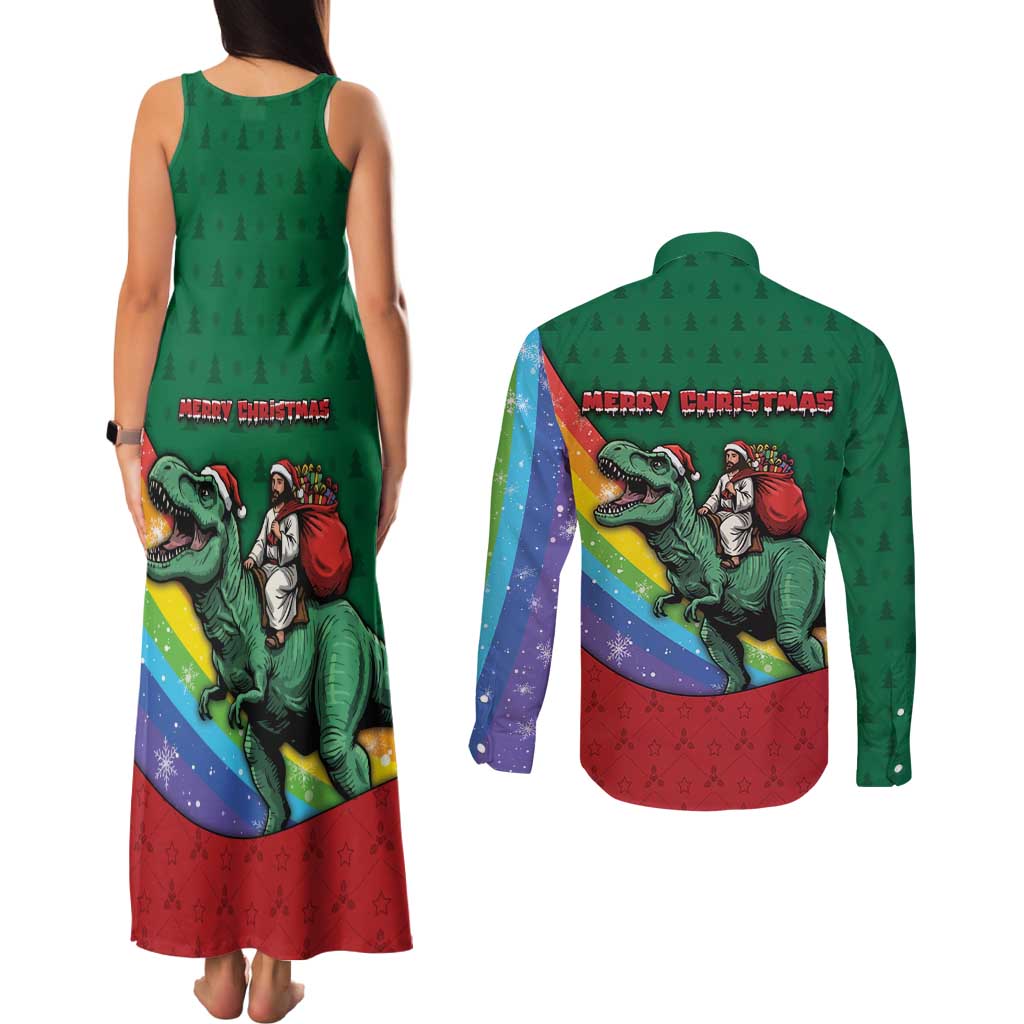 T Rex And Jesus Christmas Couples Matching Tank Maxi Dress and Long Sleeve Button Shirt Not Today Santa - Wonder Print Shop