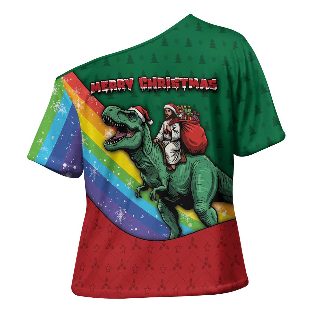 T Rex And Jesus Christmas Cross Shoulder Shirt Not Today Santa - Wonder Print Shop