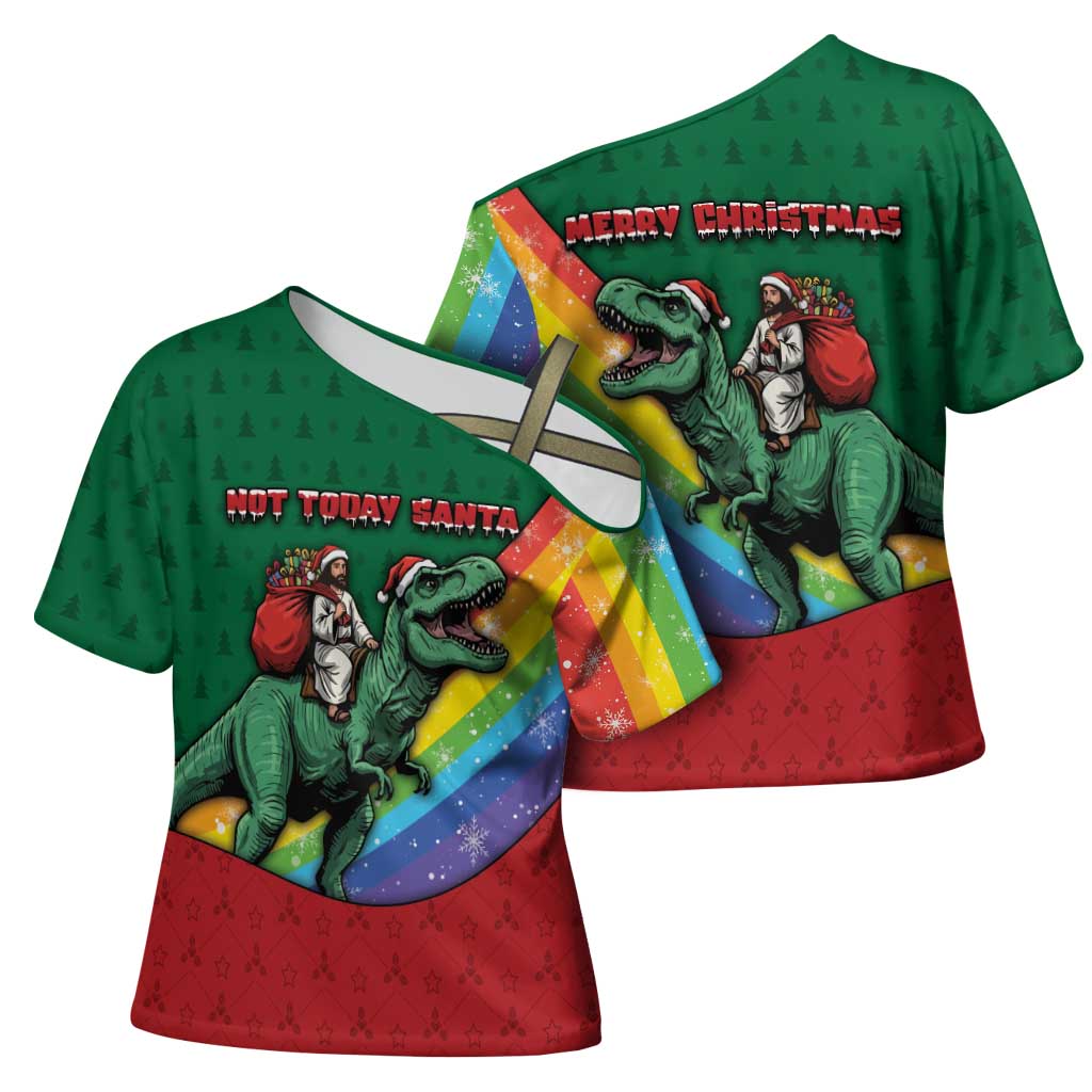 T Rex And Jesus Christmas Cross Shoulder Shirt Not Today Santa - Wonder Print Shop