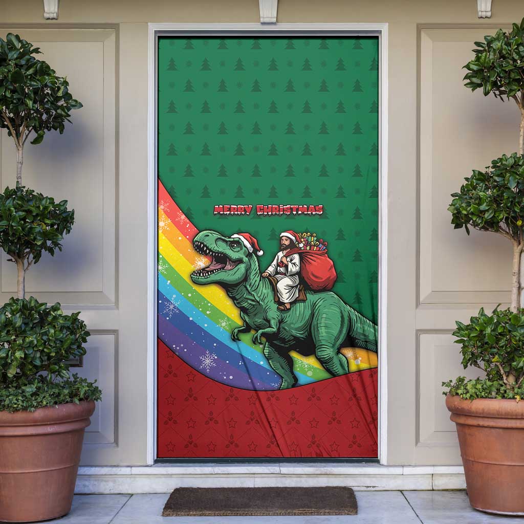 T Rex And Jesus Christmas Door Cover Not Today Santa - Wonder Print Shop