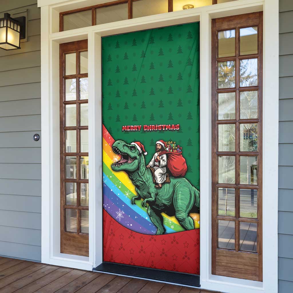 T Rex And Jesus Christmas Door Cover Not Today Santa - Wonder Print Shop