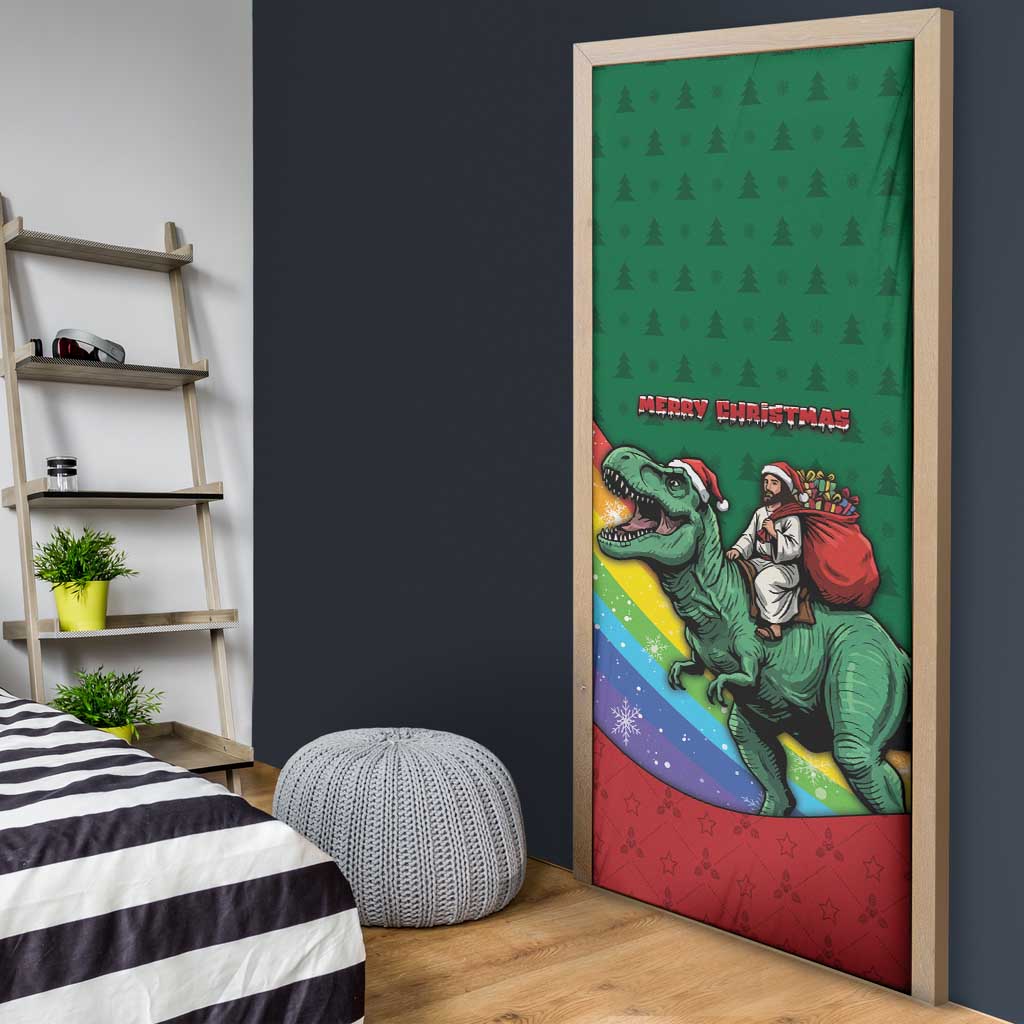 T Rex And Jesus Christmas Door Cover Not Today Santa - Wonder Print Shop