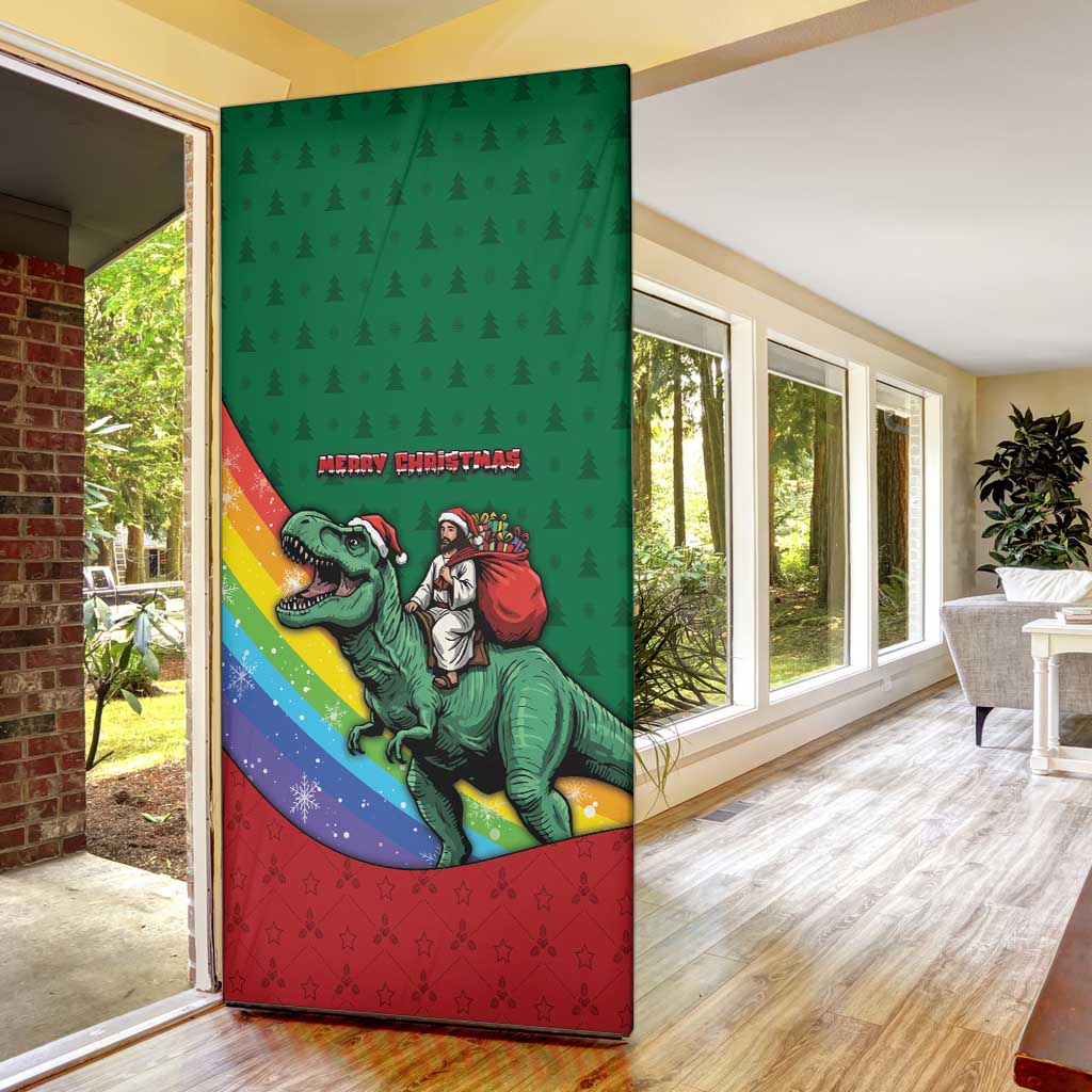 T Rex And Jesus Christmas Door Cover Not Today Santa - Wonder Print Shop