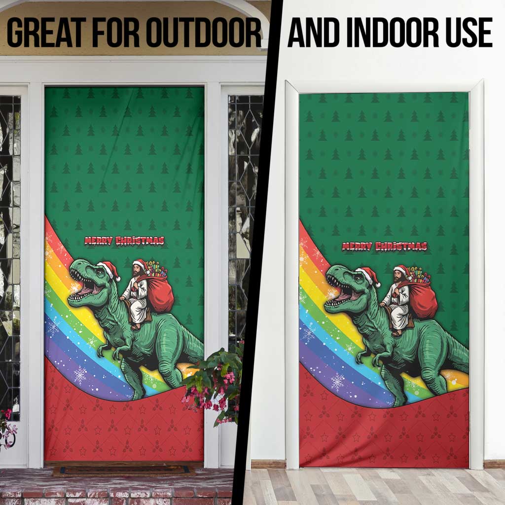 T Rex And Jesus Christmas Door Cover Not Today Santa - Wonder Print Shop