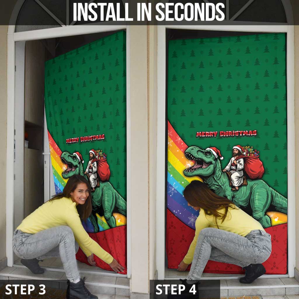 T Rex And Jesus Christmas Door Cover Not Today Santa - Wonder Print Shop