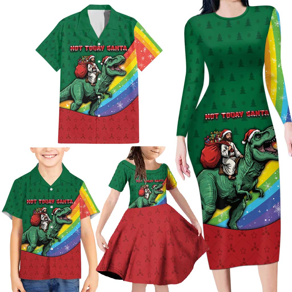 T Rex And Jesus Christmas Family Matching Long Sleeve Bodycon Dress and Hawaiian Shirt Not Today Santa - Wonder Print Shop
