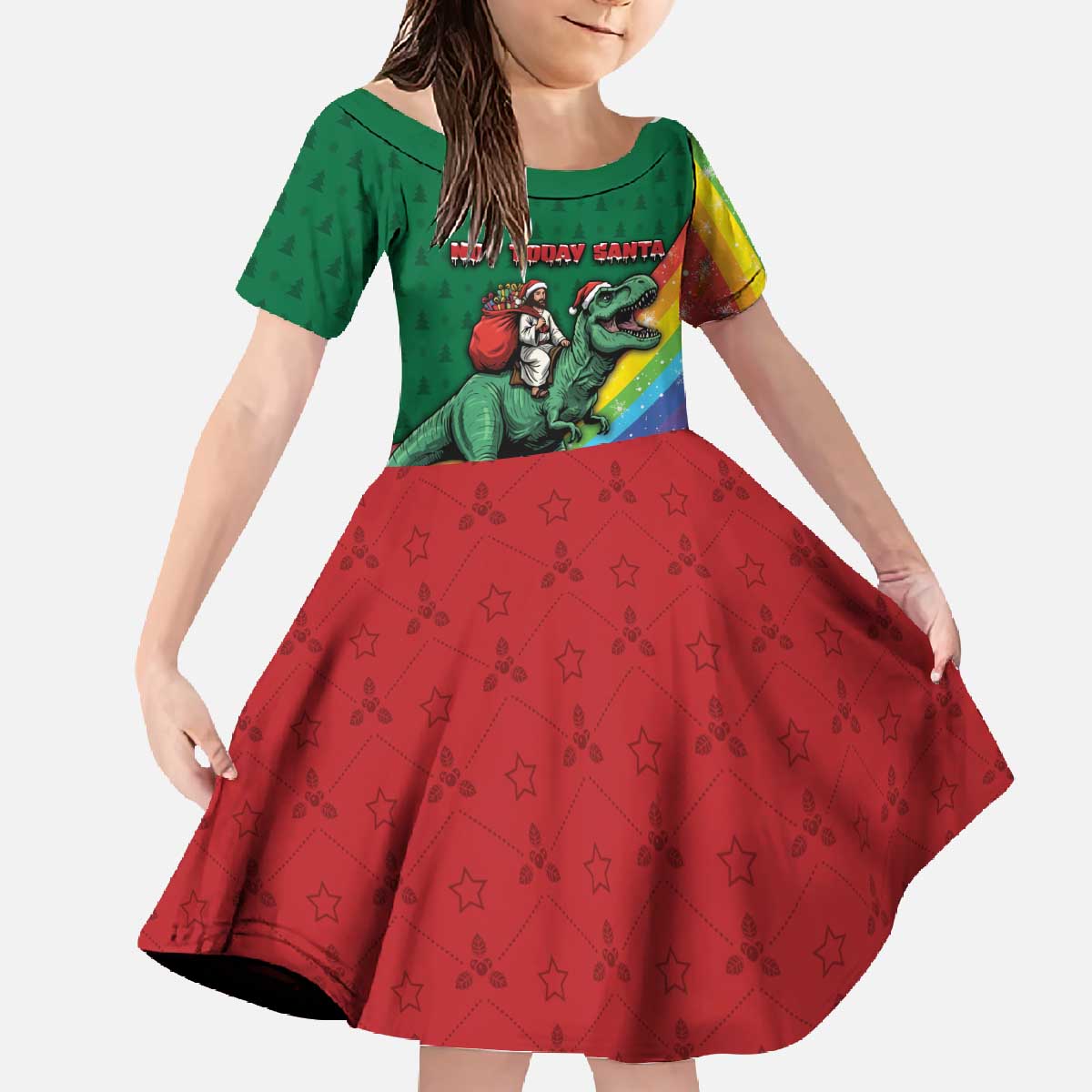 T Rex And Jesus Christmas Family Matching Off The Shoulder Long Sleeve Dress and Hawaiian Shirt Not Today Santa - Wonder Print Shop