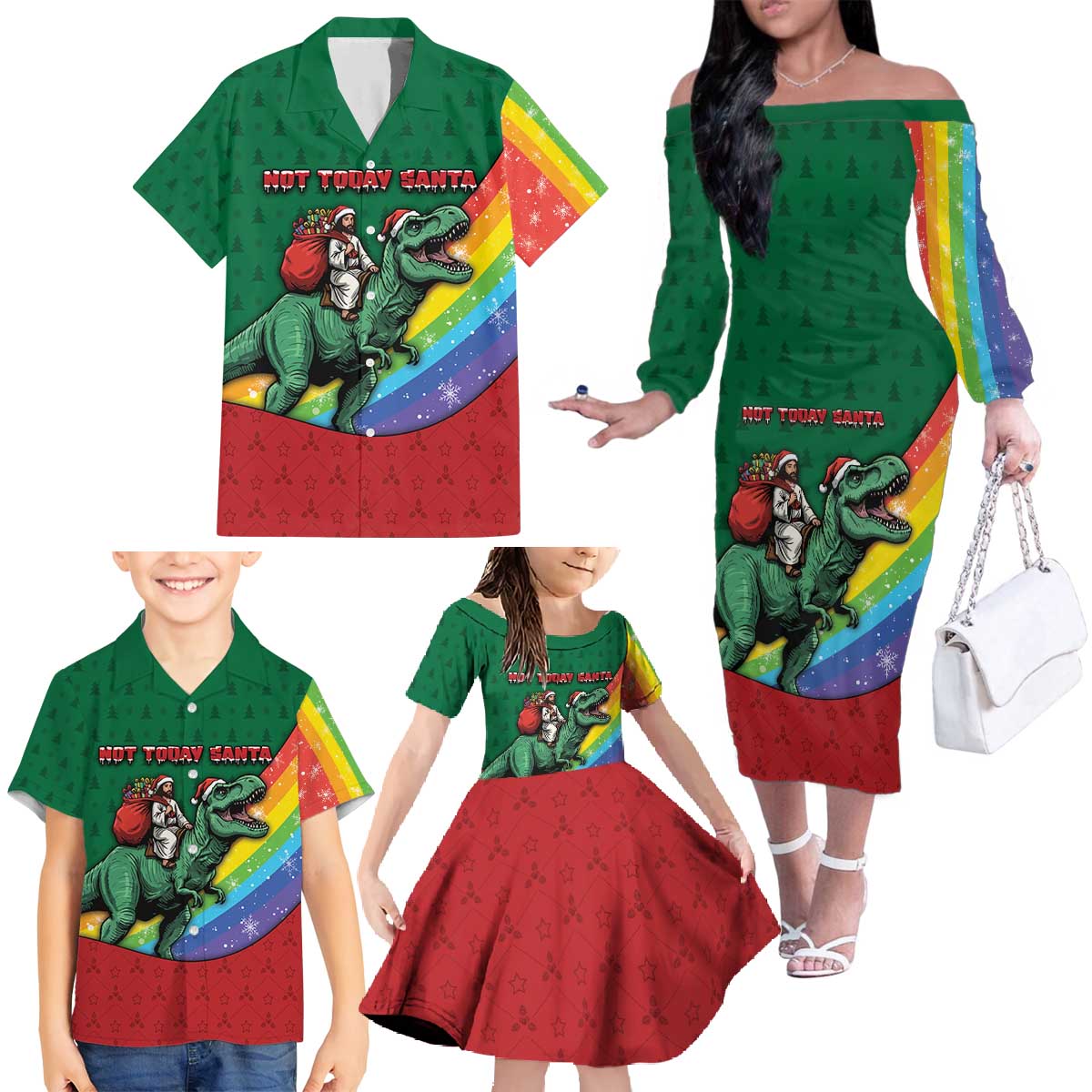 T Rex And Jesus Christmas Family Matching Off The Shoulder Long Sleeve Dress and Hawaiian Shirt Not Today Santa - Wonder Print Shop