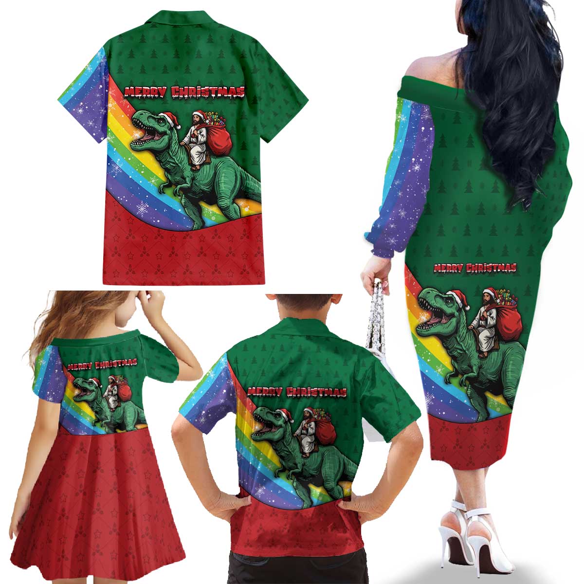 T Rex And Jesus Christmas Family Matching Off The Shoulder Long Sleeve Dress and Hawaiian Shirt Not Today Santa - Wonder Print Shop