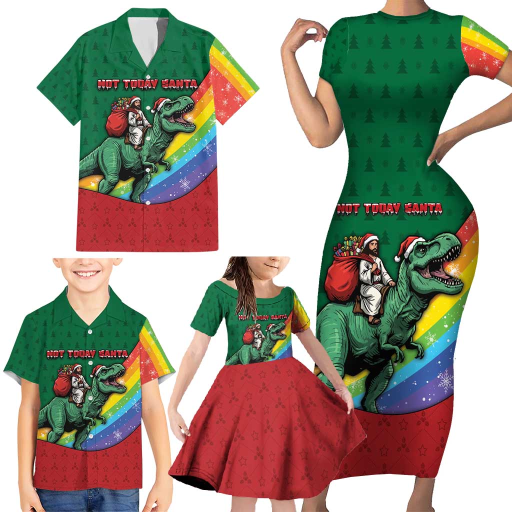 T Rex And Jesus Christmas Family Matching Short Sleeve Bodycon Dress and Hawaiian Shirt Not Today Santa - Wonder Print Shop
