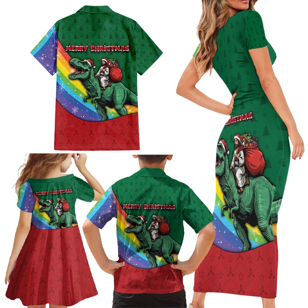 T Rex And Jesus Christmas Family Matching Short Sleeve Bodycon Dress and Hawaiian Shirt Not Today Santa - Wonder Print Shop