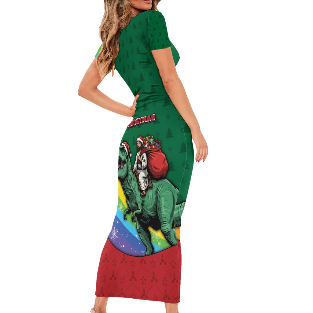 T Rex And Jesus Christmas Family Matching Short Sleeve Bodycon Dress and Hawaiian Shirt Not Today Santa - Wonder Print Shop