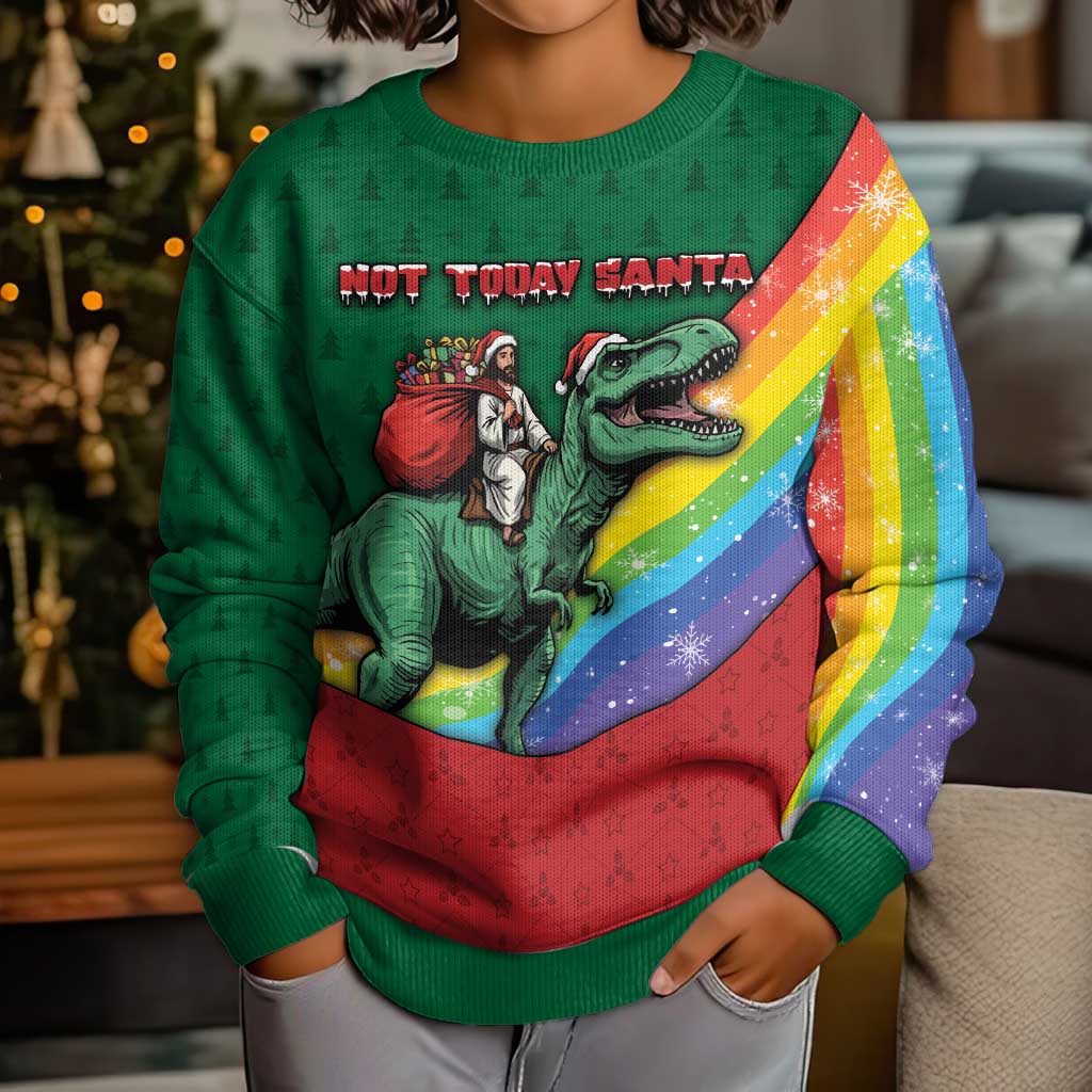 T Rex And Jesus Christmas Kid Ugly Christmas Sweater Not Today Santa - Wonder Print Shop