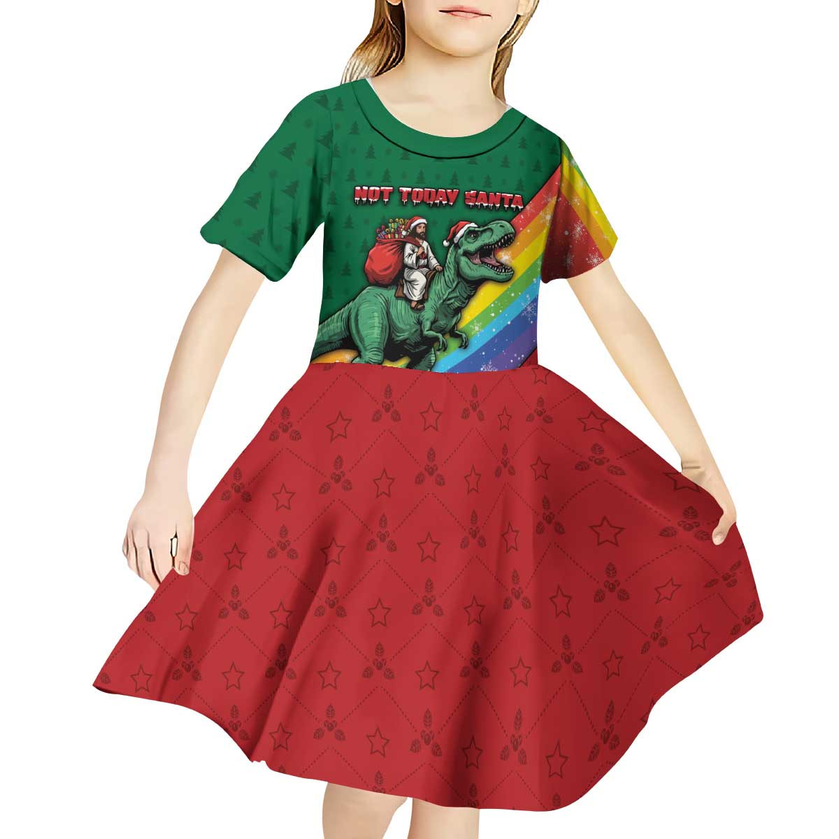 T Rex And Jesus Christmas Kid Short Sleeve Dress Not Today Santa - Wonder Print Shop
