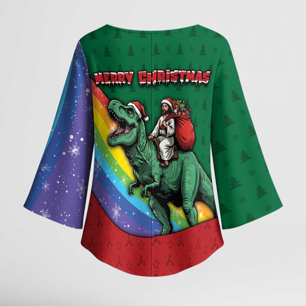 T Rex And Jesus Christmas Kimono Sleeve Blouse Not Today Santa - Wonder Print Shop